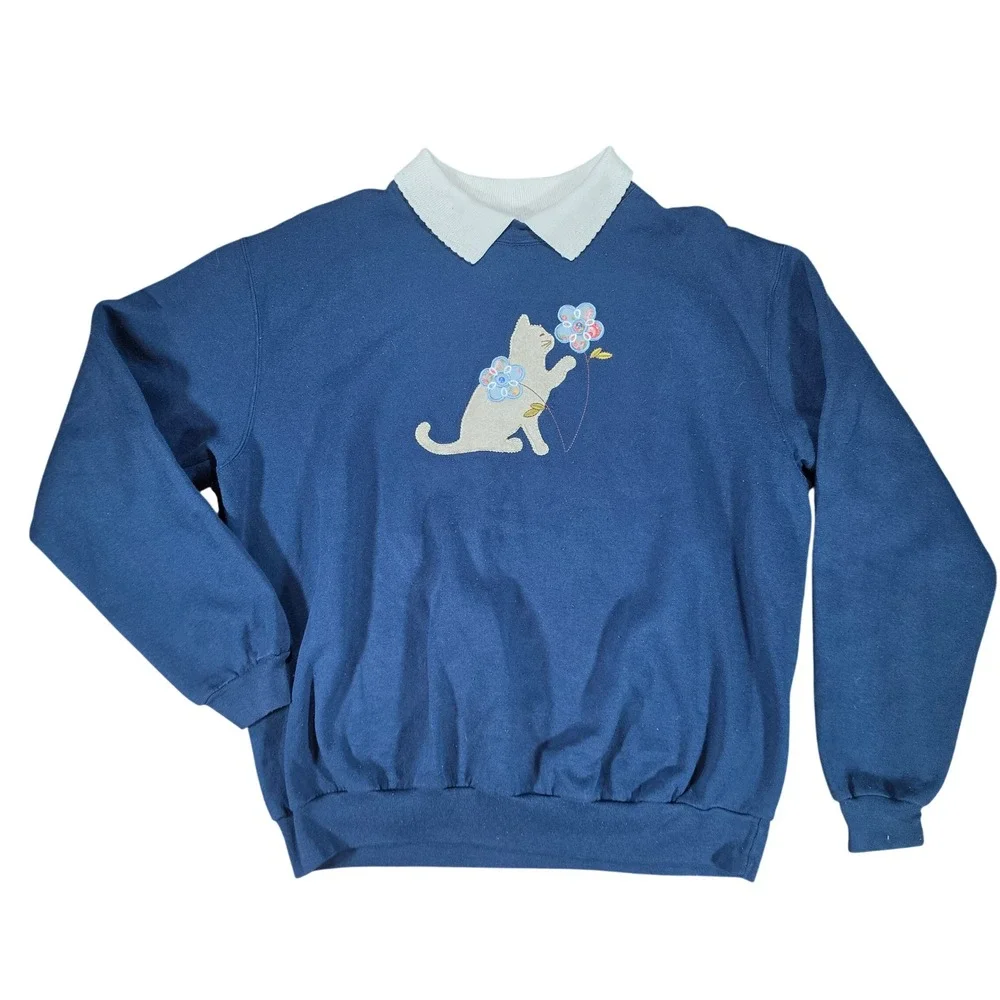 VTG Top Stitch by Morning Sun Navy Blue Cat Flower Embroidered Sweatshirt Med - Picture 2 of 7